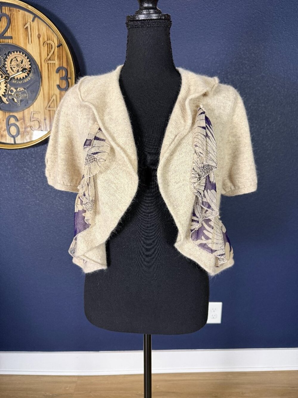 Knitted & Knotted Anthro Oatmeal Wool Angora Silk Floral Ruffle Shrug Bolero | S